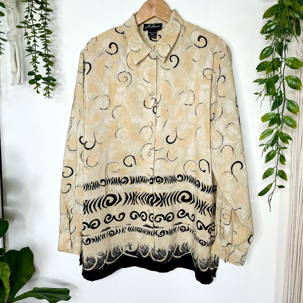 Milano Art to Wear Abstract Tribal Airbrush Printed Chiffon Button Down Men's L